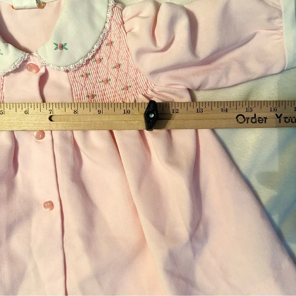 Vintage Pink Baby Girl Coat Dress 6-9M floral rose embroidered smocked unbranded